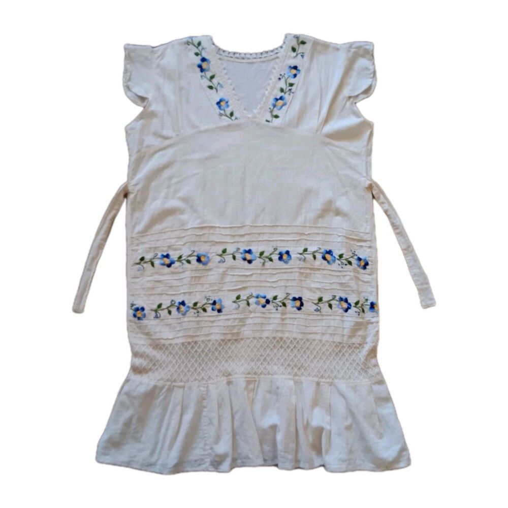 Peasant Dress Womens L/XL Cream Floral Embroidery Lace Crochet Ruffle Romantic